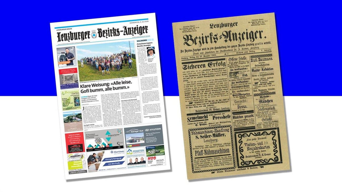 Der «Lenzburger Bezirks-Anzeiger» heute und in einer historischen Ausgabe. Quelle: zvg