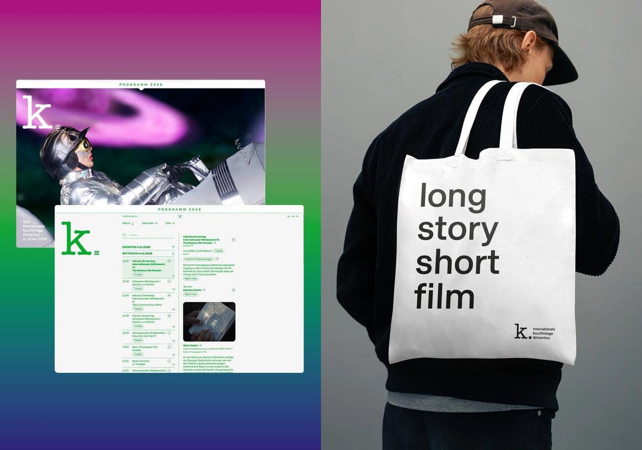 Programmseite der Festival-Website und Tragetasche mit dem Schriftzug «long story short film». Quelle: zvg