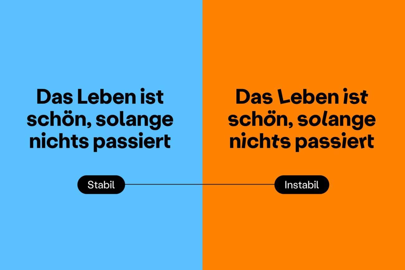 Stabile und instabile Variante desselben Schriftzugs zeigt das Spiel der neuen Suva-Typografie. Quelle: zvg
