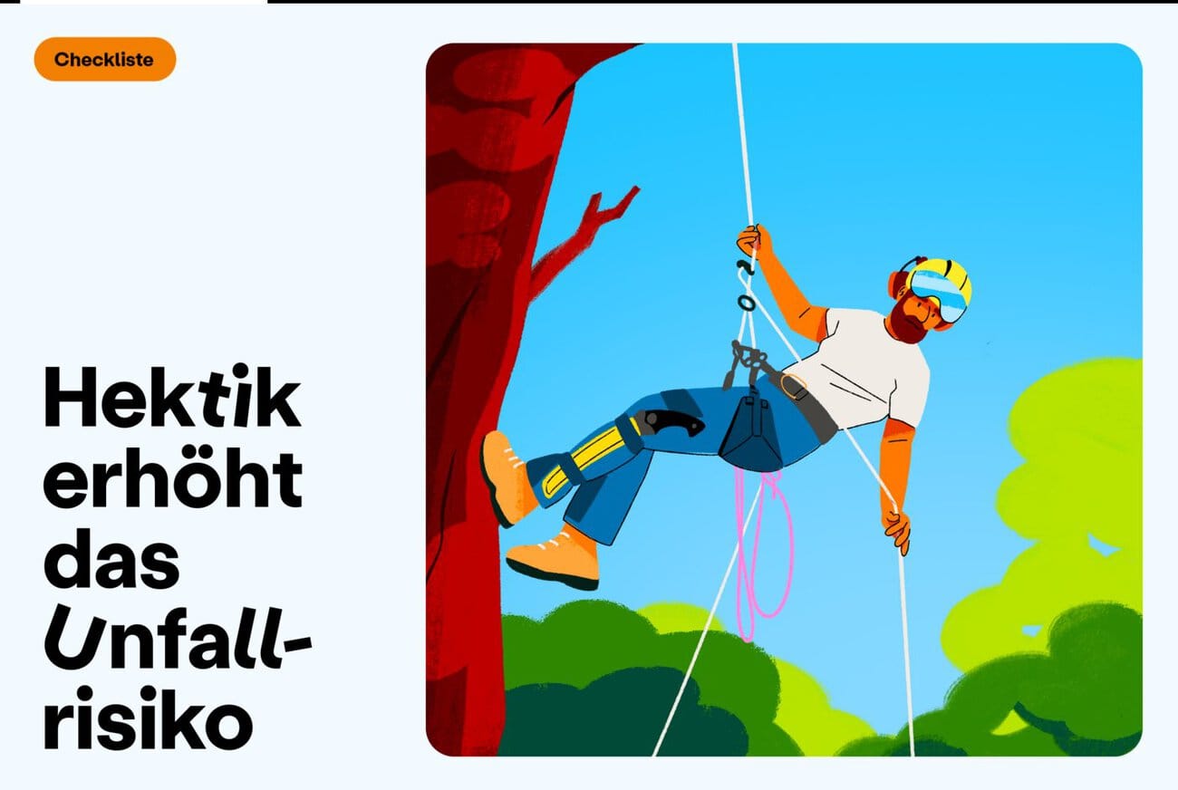 Illustration einer Checkliste zu Hektik und Unfallrisiko im neuen Illustrationsstil der Suva. Quelle: zvg