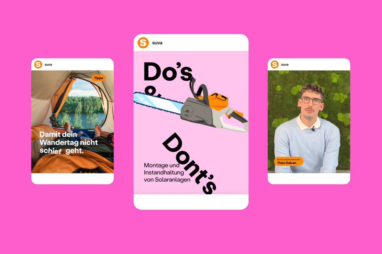 Beispielbeiträge der Suva mit Tipps, Do's & Dont's und Videoformat im neuen Design. Quelle: zvg