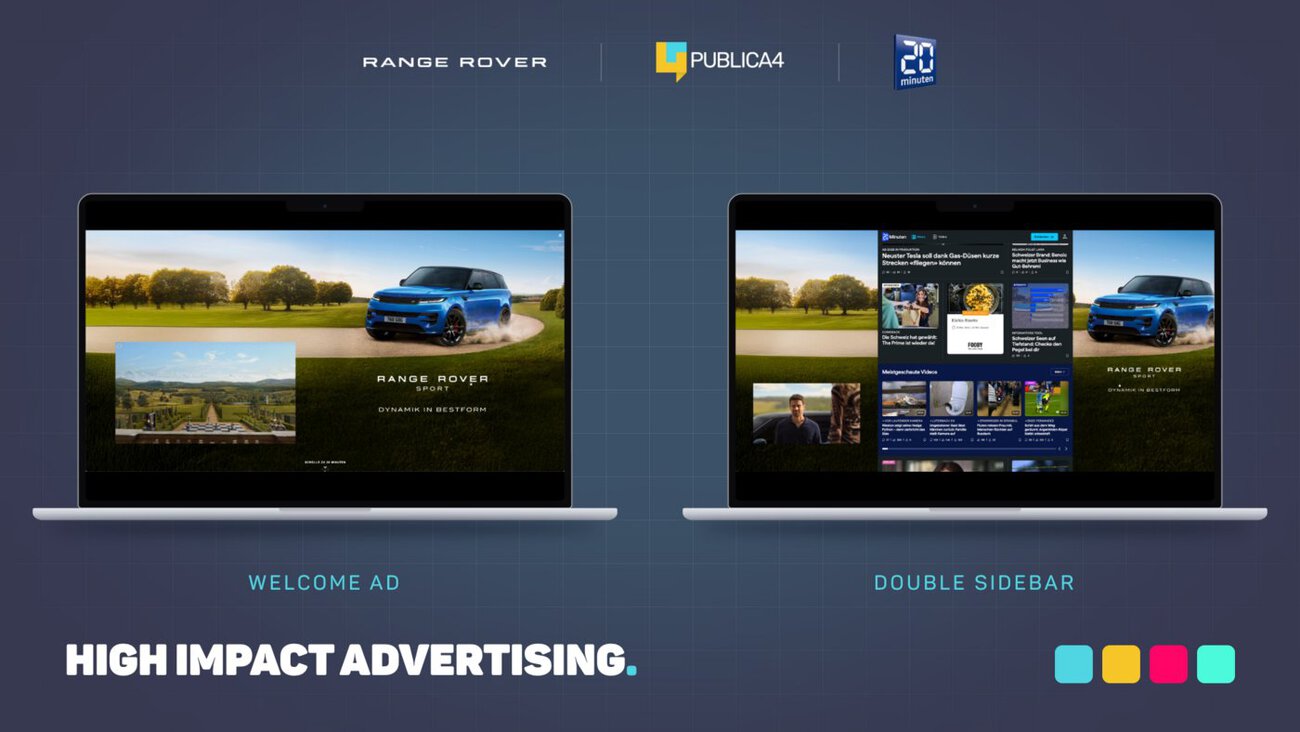 Welcome Ad Split für Range Rover auf 20 Minuten: erst vollflächig, dann als Sidebar (Grafik). Quelle: zvg